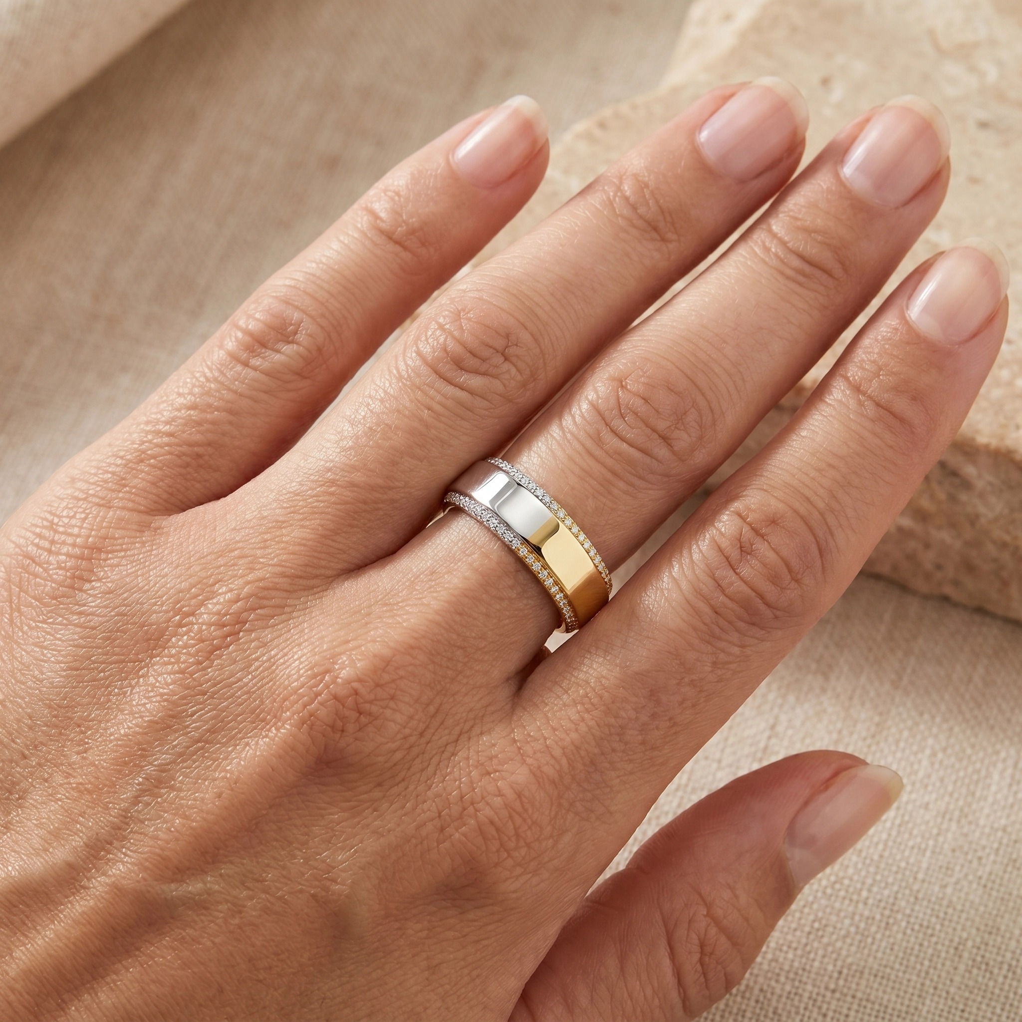 Two Tone Half Yellow Half White Gold Plated Eternity Band Ring